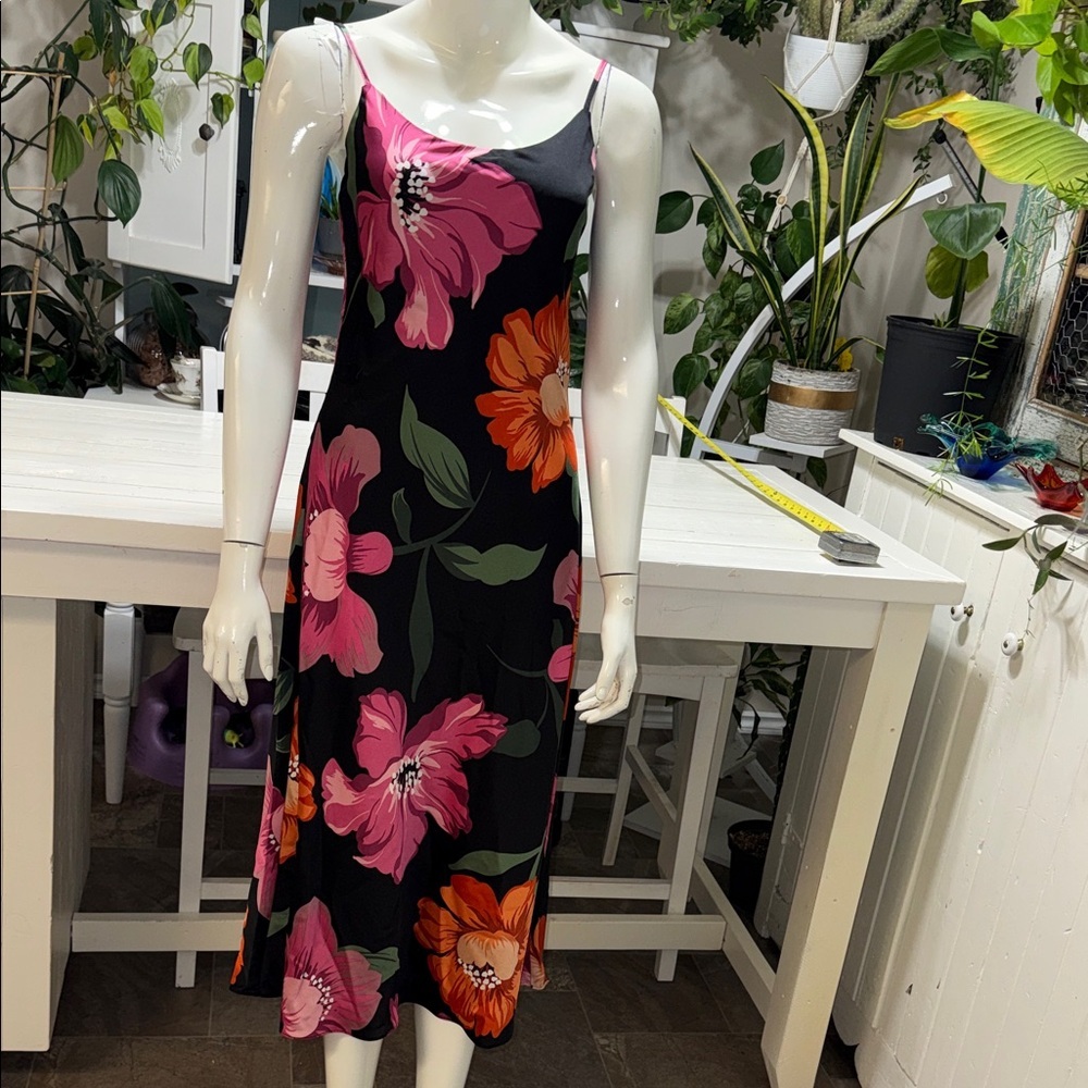 Suzy Shier Black Midi Slip Dress with Pink & Orange Floral Print NWOT XS